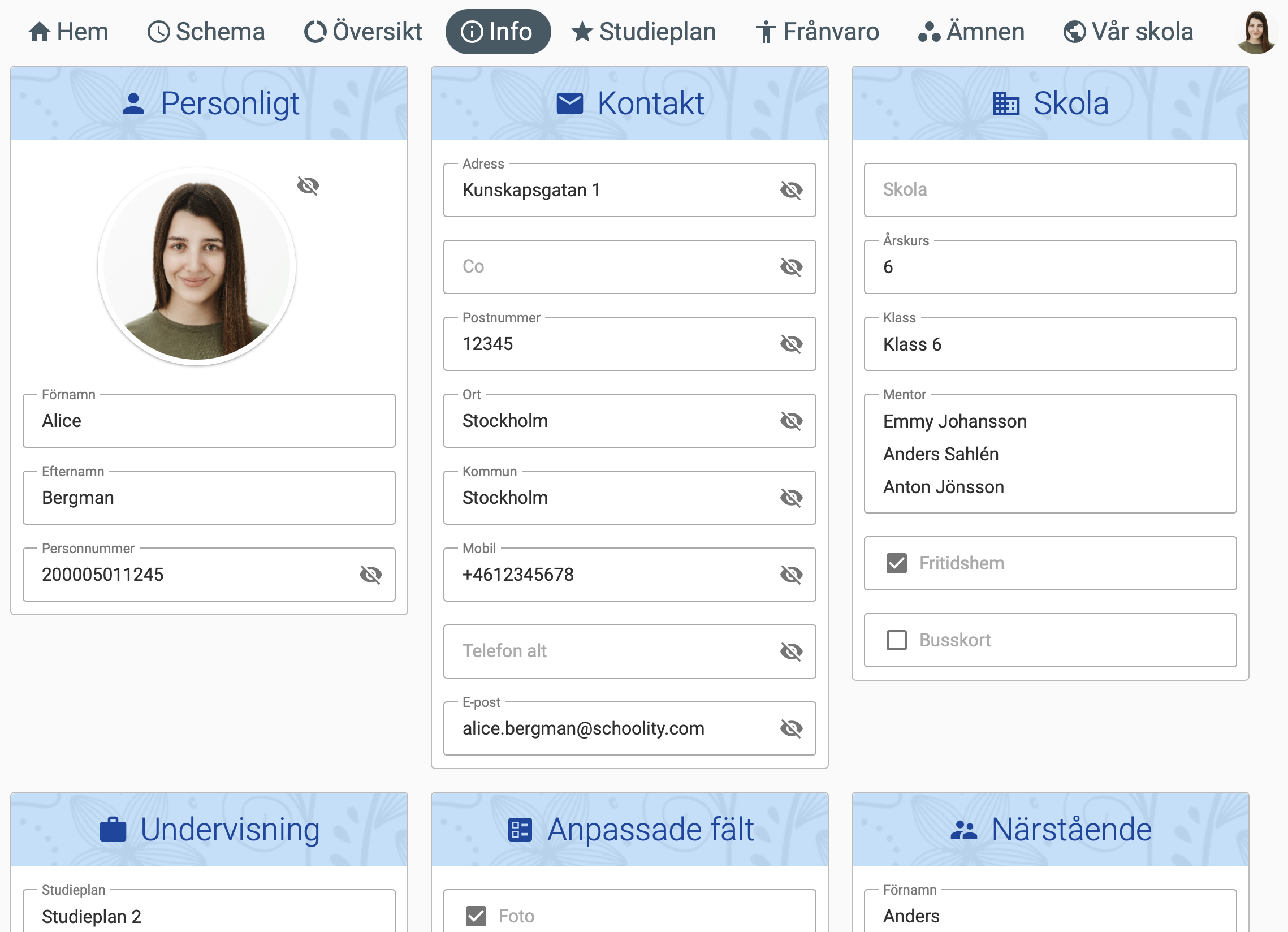 Elevprofil i Schoolitys lärplattform – administrera kontaktuppgifter, årskurs och elevinformation